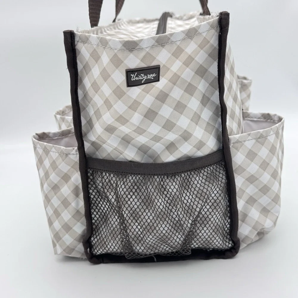 Thirty One 31 Zip Top Organizing Tote 7 Pocket Medium Taupe Brown Gingham Bag